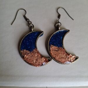 Crescent Moon Dangle Earrings in Blue and Copper